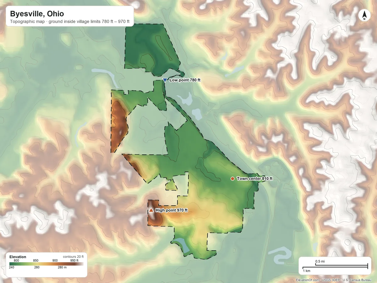 Topographic elevation map of Byesville, Ohio, shaded from 780 ft on the northwest side to 970 ft on the west side