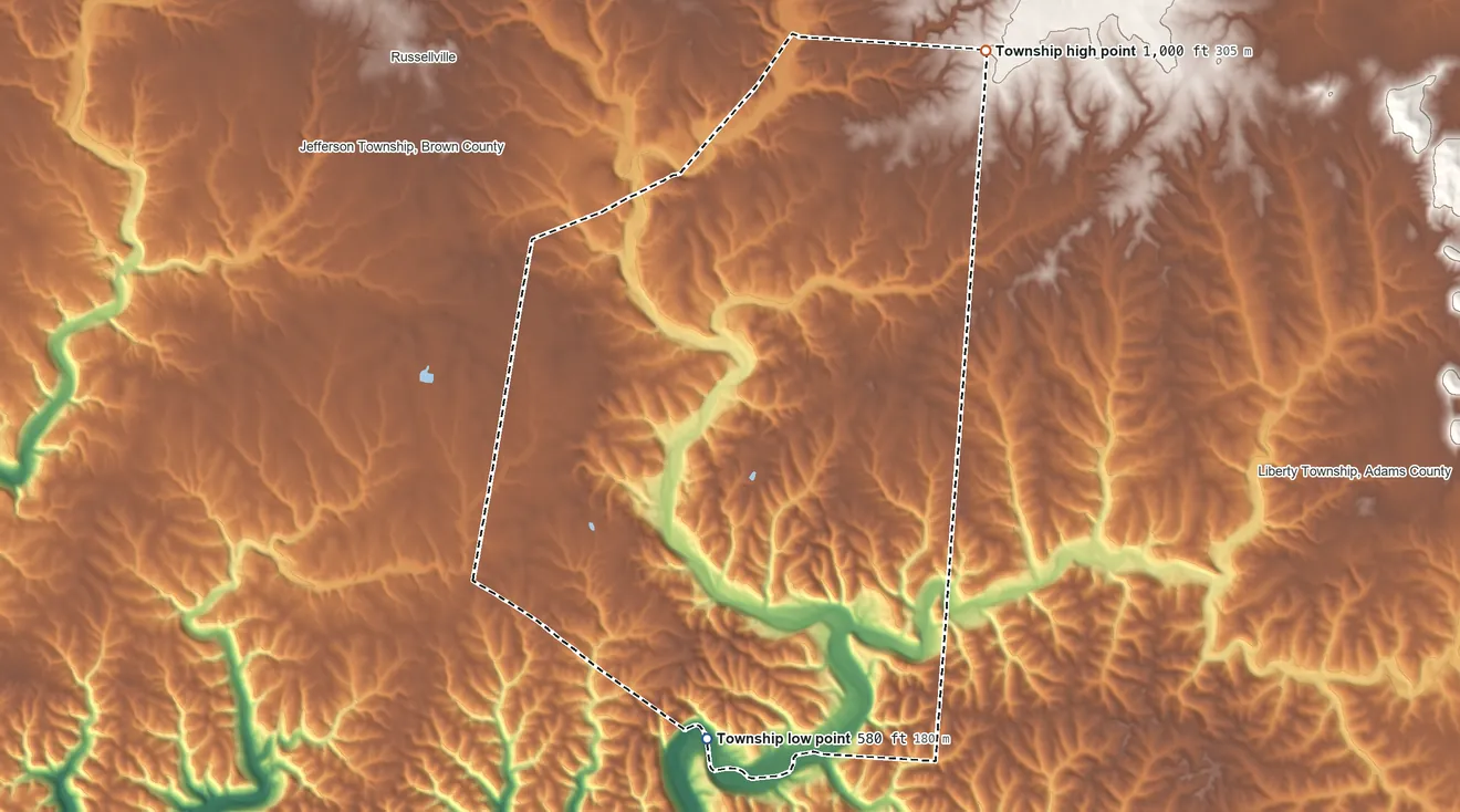 Topographic elevation map of Byrd Township, Ohio, shaded from 580 ft on the south side to 1,000 ft on the northeast side