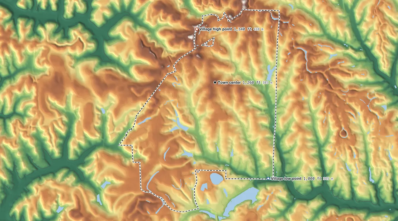 Topographic elevation map of Cadiz, Ohio, shaded from 1,000 ft on the southeast side to 1,340 ft on the north side