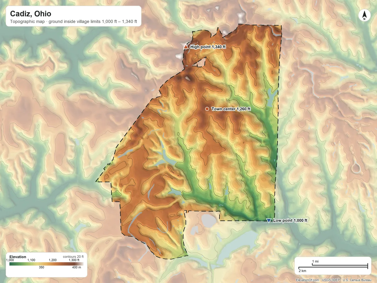 Topographic elevation map of Cadiz, Ohio, shaded from 1,000 ft on the southeast side to 1,340 ft on the north side