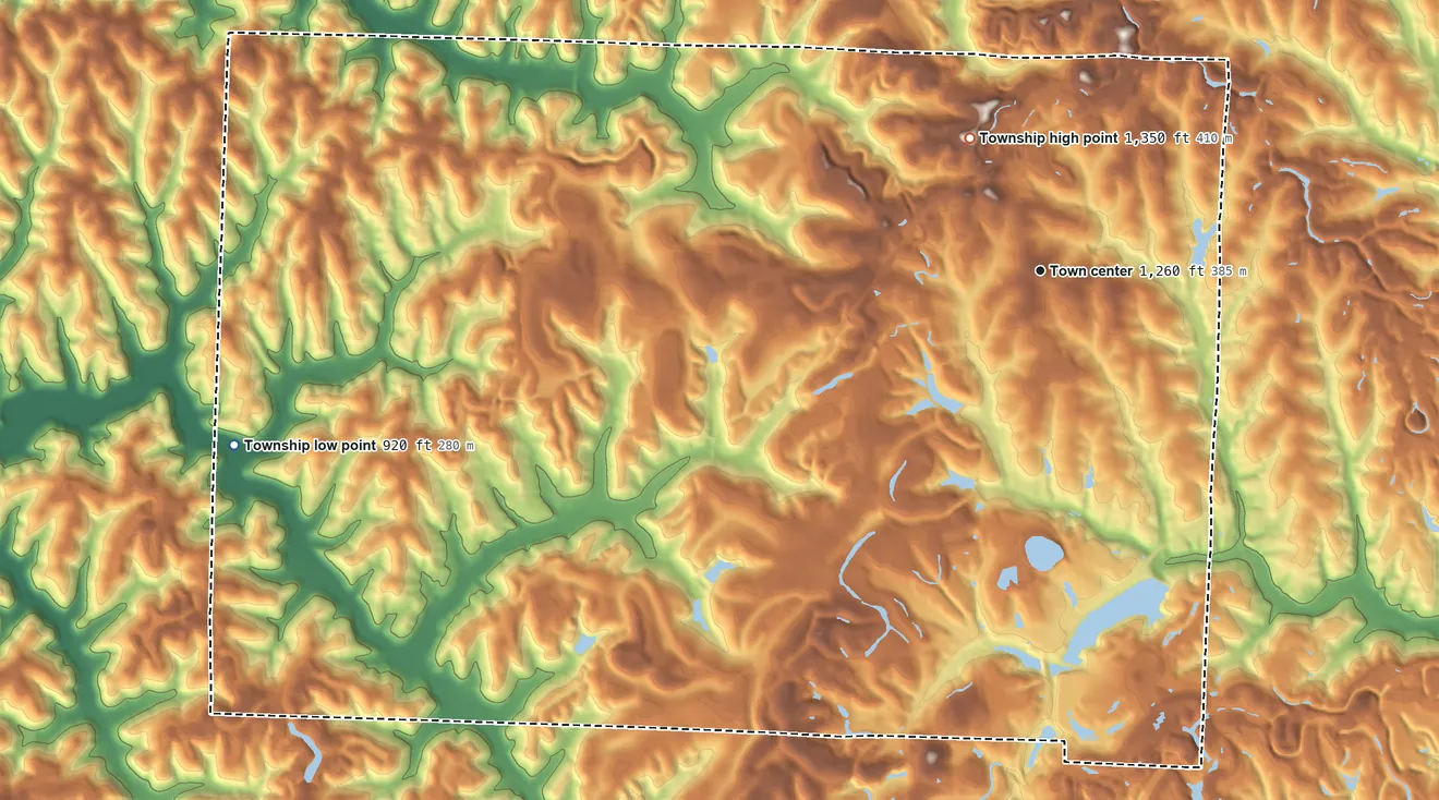 Topographic elevation map of Cadiz Township, Ohio, shaded from 920 ft on the west side to 1,350 ft on the northwest side