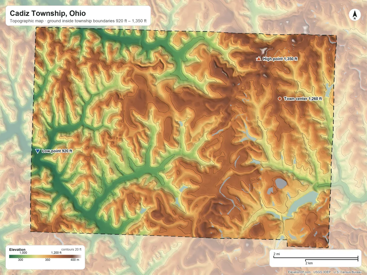 Topographic elevation map of Cadiz Township, Ohio, shaded from 920 ft on the west side to 1,350 ft on the northwest side