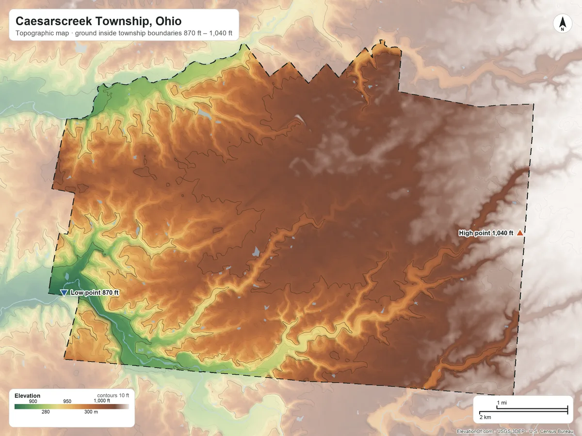 Topographic elevation map of Caesarscreek Township, Ohio, shaded from 870 ft on the west side to 1,040 ft on the east side