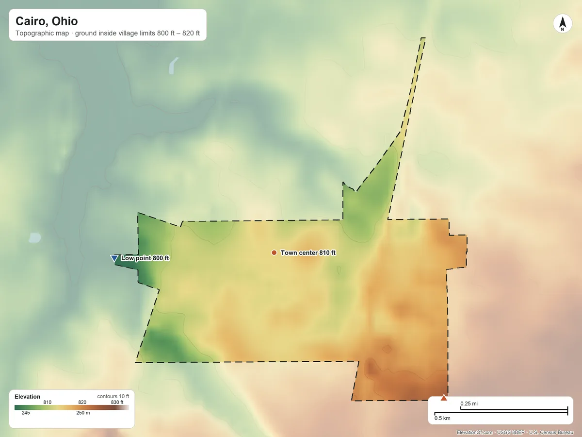 Topographic elevation map of Cairo, Ohio, shaded from 800 ft on the west side to 820 ft on the southeast side
