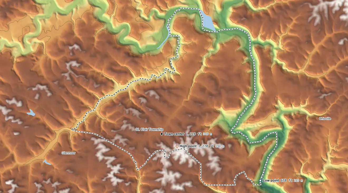 Topographic elevation map of Calcutta, Ohio, shaded from 670 ft on the southeast side to 1,270 ft near the middle