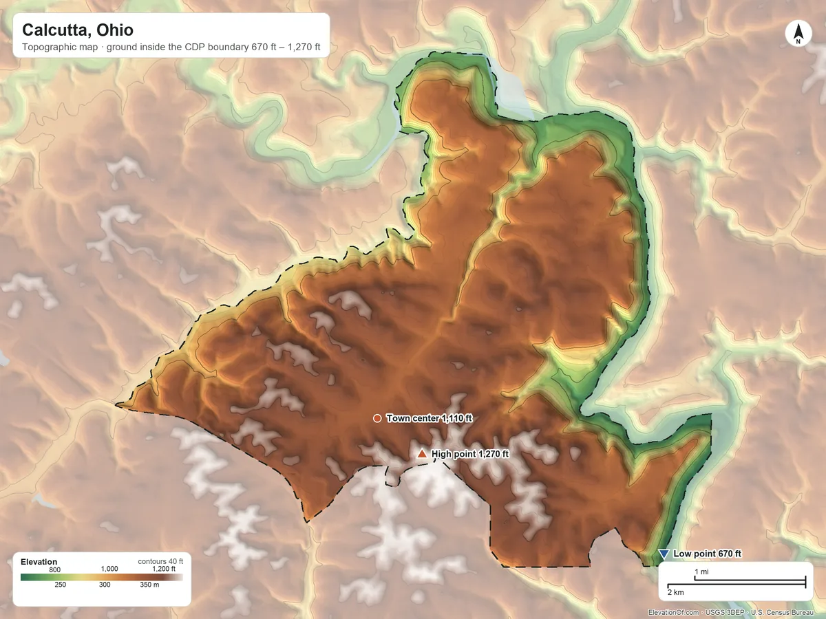 Topographic elevation map of Calcutta, Ohio, shaded from 670 ft on the southeast side to 1,270 ft near the middle