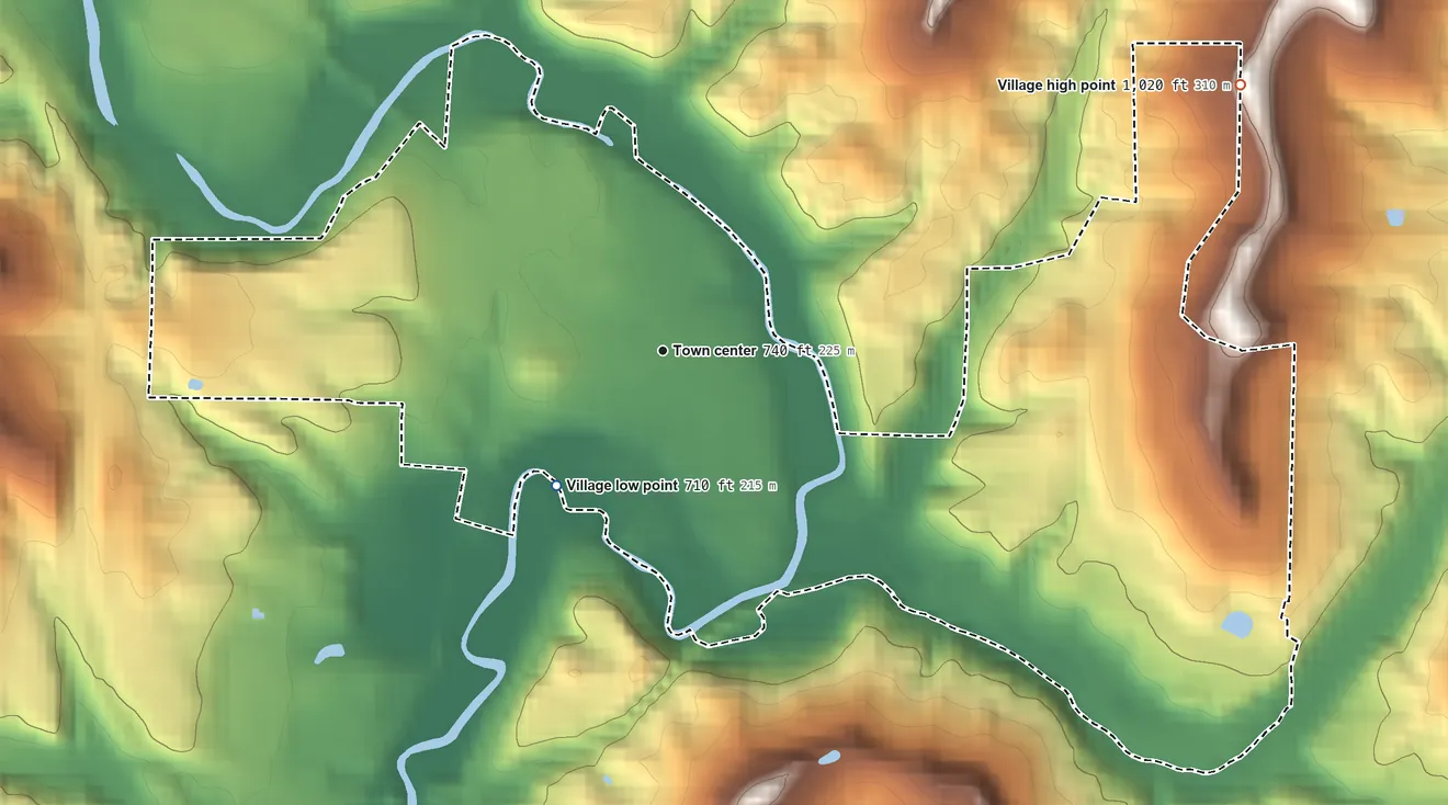 Topographic elevation map of Caldwell, Ohio, shaded from 710 ft on the southwest side to 1,020 ft on the northeast side