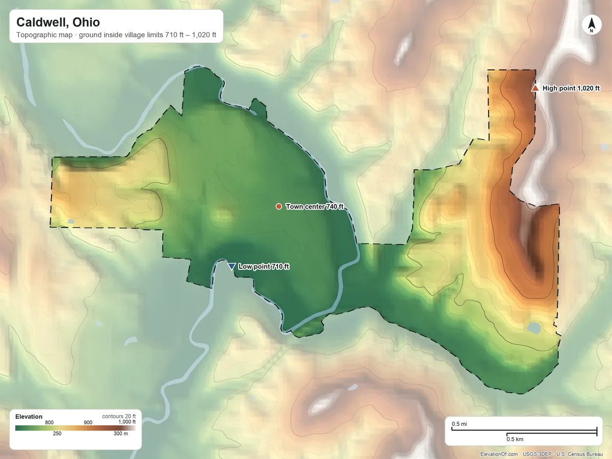 Topographic elevation map of Caldwell, Ohio, shaded from 710 ft on the southwest side to 1,020 ft on the northeast side