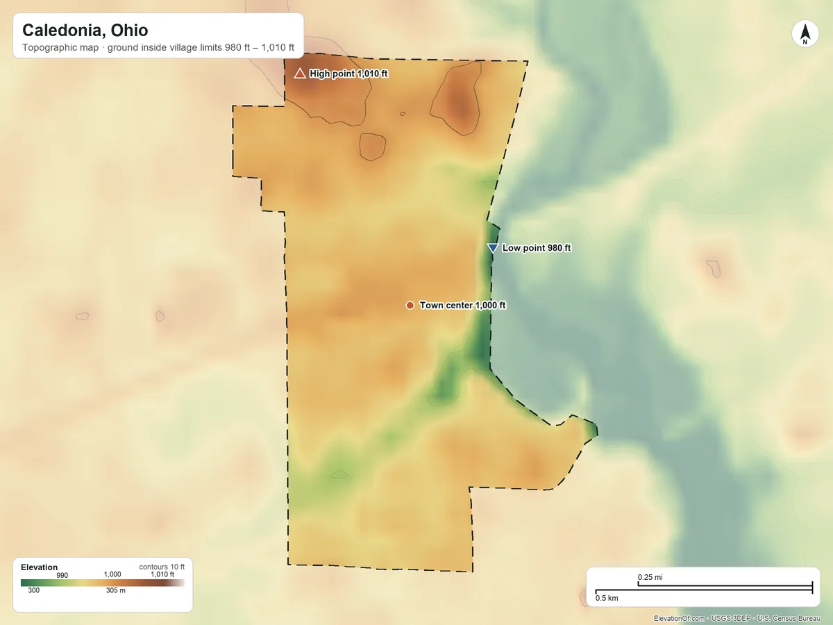 Topographic elevation map of Caledonia, Ohio, shaded from 980 ft on the northeast side to 1,010 ft on the northwest side