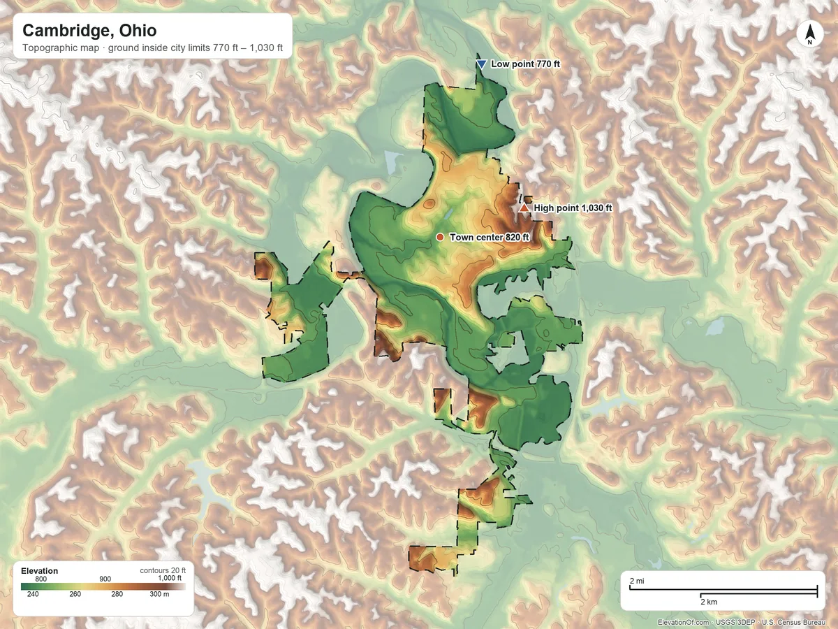 Topographic elevation map of Cambridge, Ohio, shaded from 770 ft on the north side to 1,030 ft on the east side