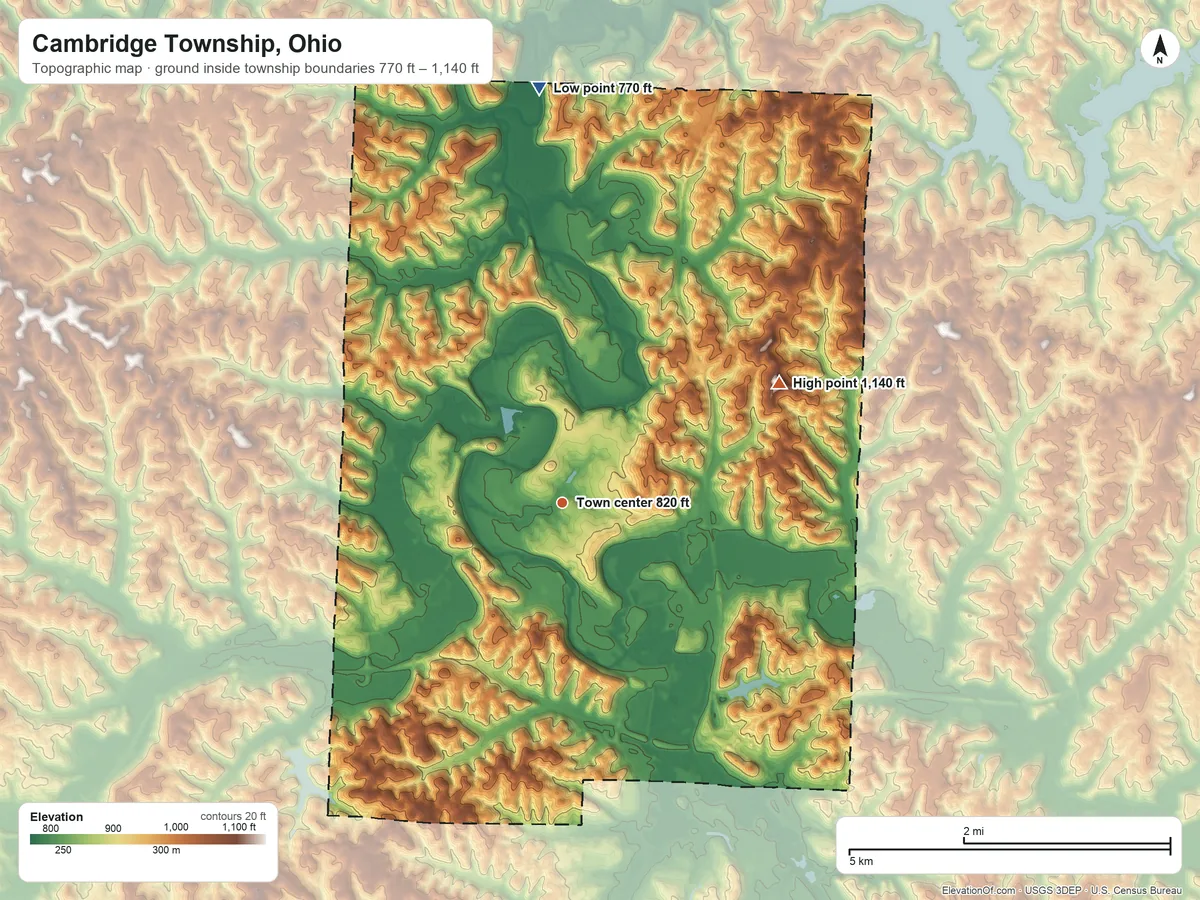 Topographic elevation map of Cambridge Township, Ohio, shaded from 770 ft on the north side to 1,140 ft on the northeast side
