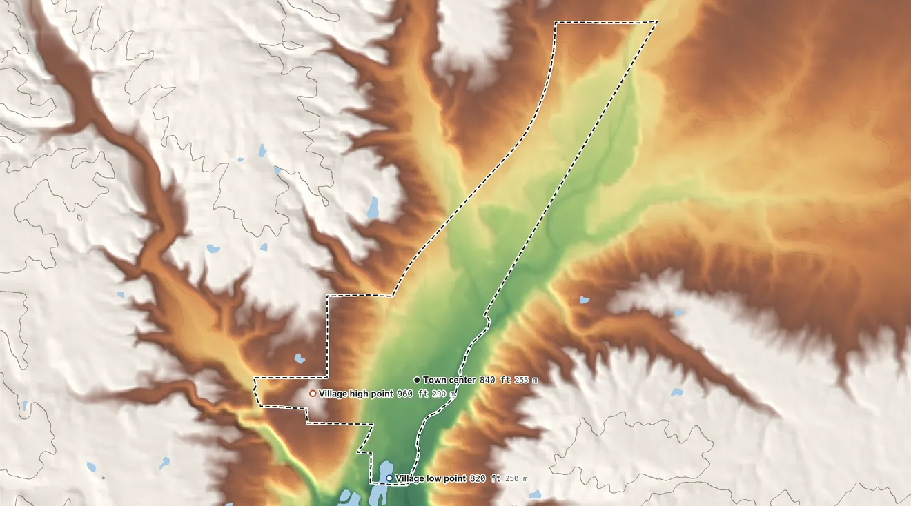 Topographic elevation map of Camden, Ohio, shaded from 820 ft on the south side to 960 ft on Mount Auburn