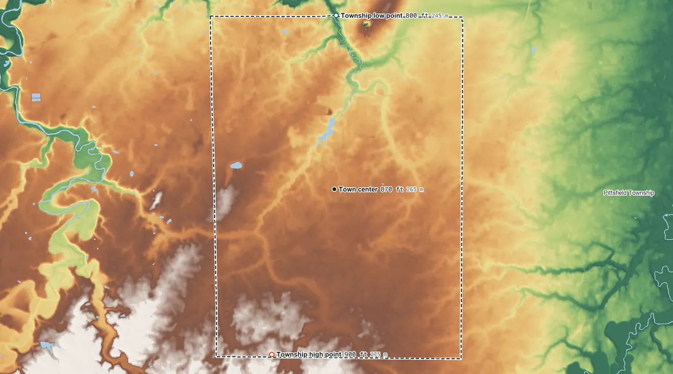 Topographic elevation map of Camden Township, Ohio, shaded from 800 ft on the north side to 900 ft on the south side