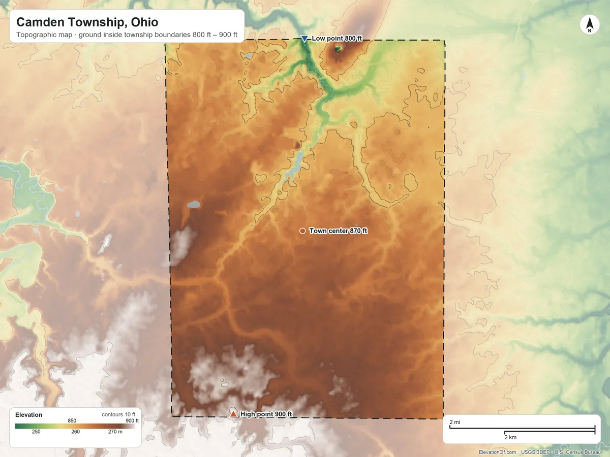 Topographic elevation map of Camden Township, Ohio, shaded from 800 ft on the north side to 900 ft on the south side