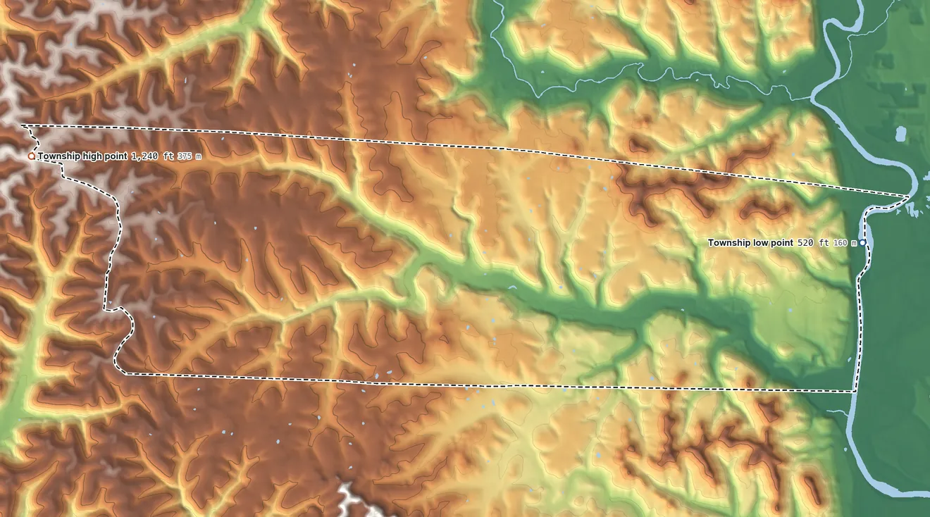 Topographic elevation map of Camp Creek Township, Ohio, shaded from 520 ft on the east side to 1,240 ft on the west side