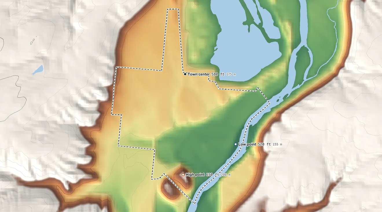 Topographic elevation map of Camp Dennison, Ohio, shaded from 520 ft on the southeast side to 650 ft on the south side