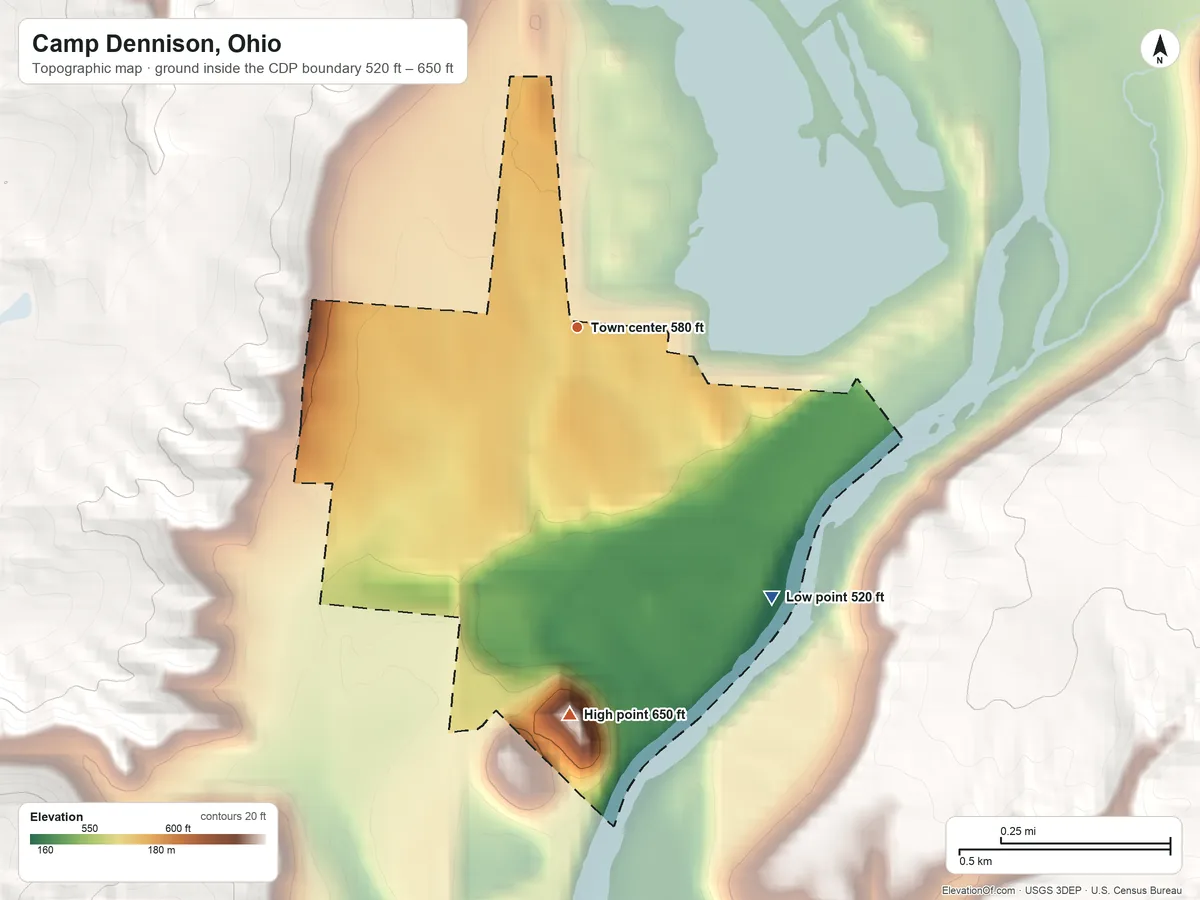 Topographic elevation map of Camp Dennison, Ohio, shaded from 520 ft on the southeast side to 650 ft on the south side