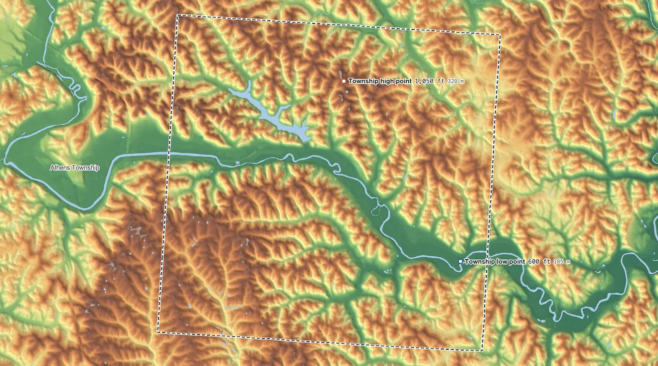 Topographic elevation map of Canaan Township, Athens County, Ohio, shaded from 600 ft on the east side to 1,050 ft on the north side