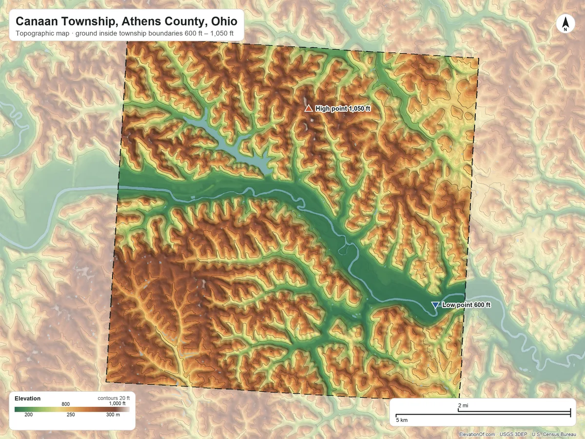Topographic elevation map of Canaan Township, Athens County, Ohio, shaded from 600 ft on the east side to 1,050 ft on the north side