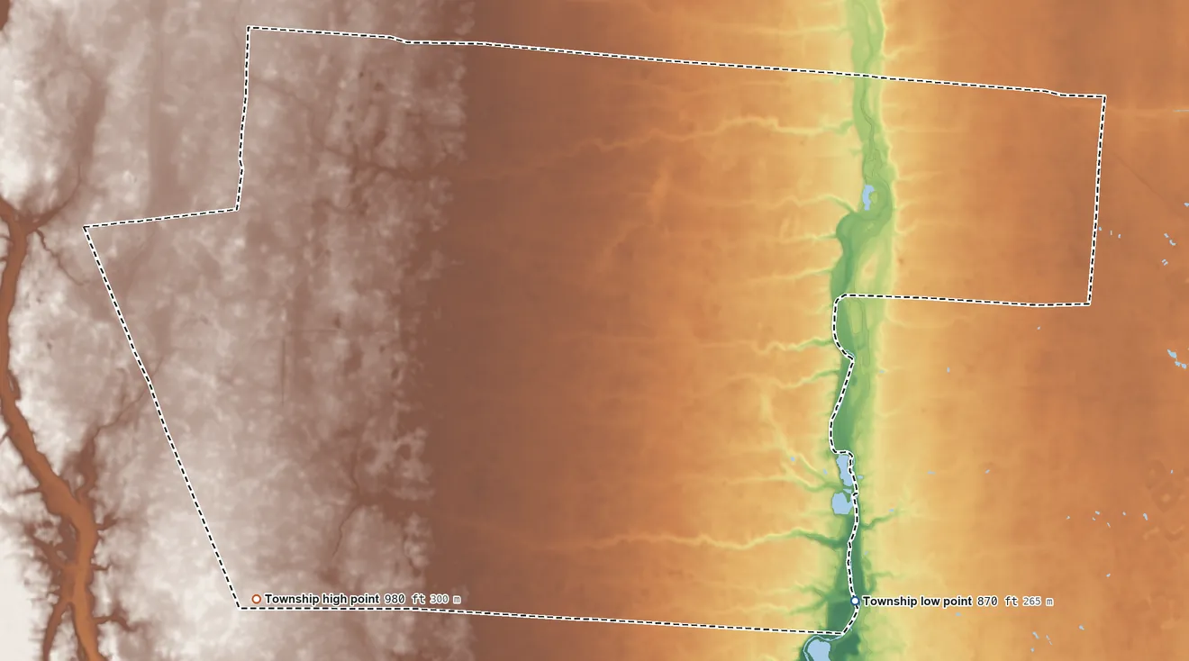 Topographic elevation map of Canaan Township, Madison County, Ohio, shaded from 870 ft on the southeast side to 980 ft on the southwest side
