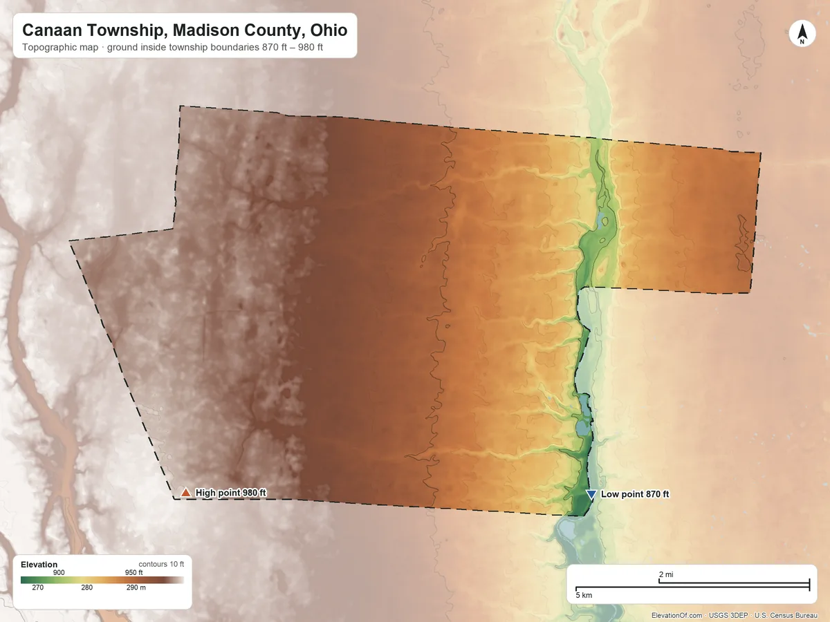 Topographic elevation map of Canaan Township, Madison County, Ohio, shaded from 870 ft on the southeast side to 980 ft on the southwest side