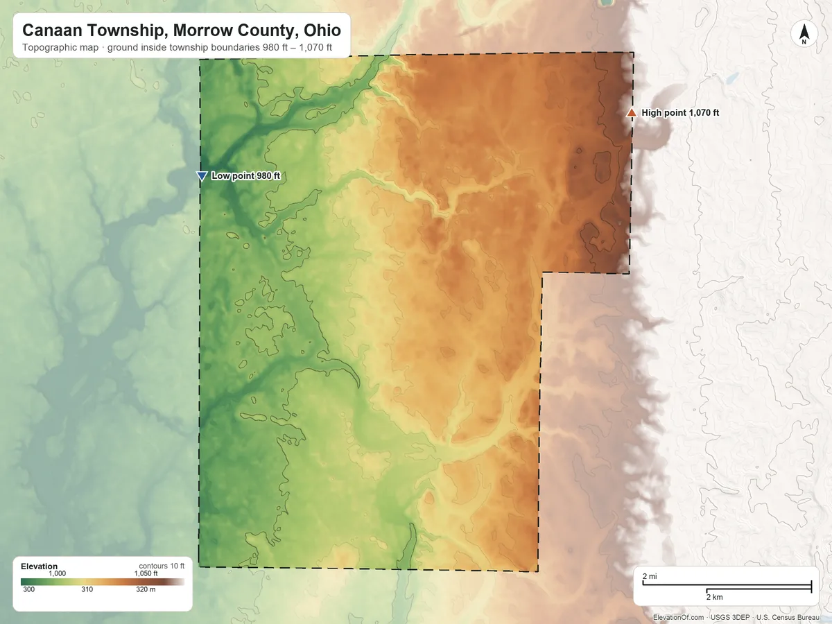 Topographic elevation map of Canaan Township, Morrow County, Ohio, shaded from 980 ft on the northwest side to 1,070 ft on the northeast side