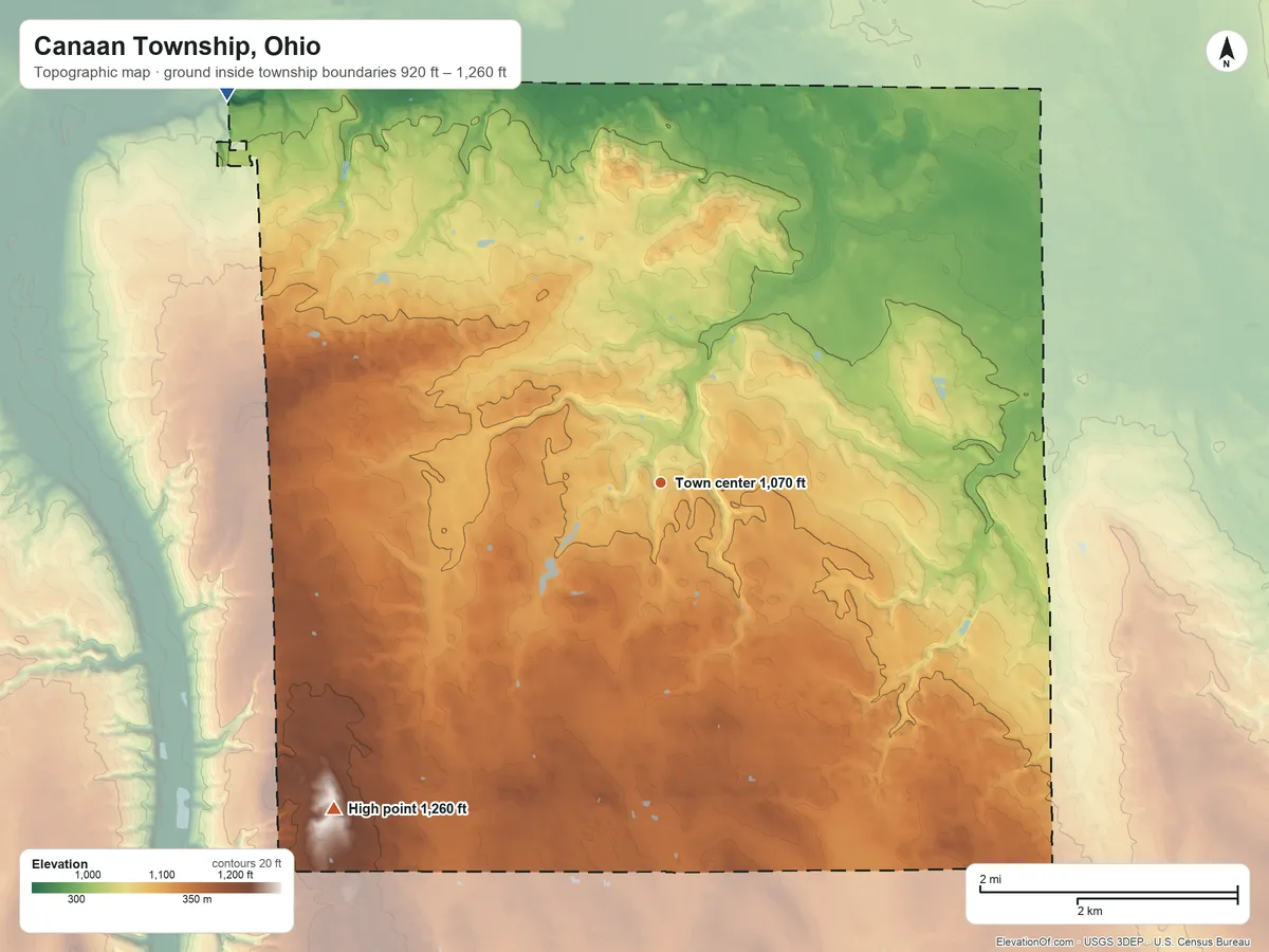 Topographic elevation map of Canaan Township, Ohio, shaded from 920 ft on the northwest side to 1,260 ft on the southwest side