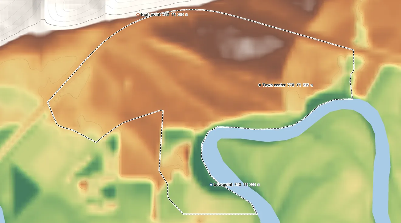 Topographic elevation map of Canal Lewisville, Ohio, shaded from 740 ft on the southwest side to 780 ft on the northwest edge, below higher ground just outside