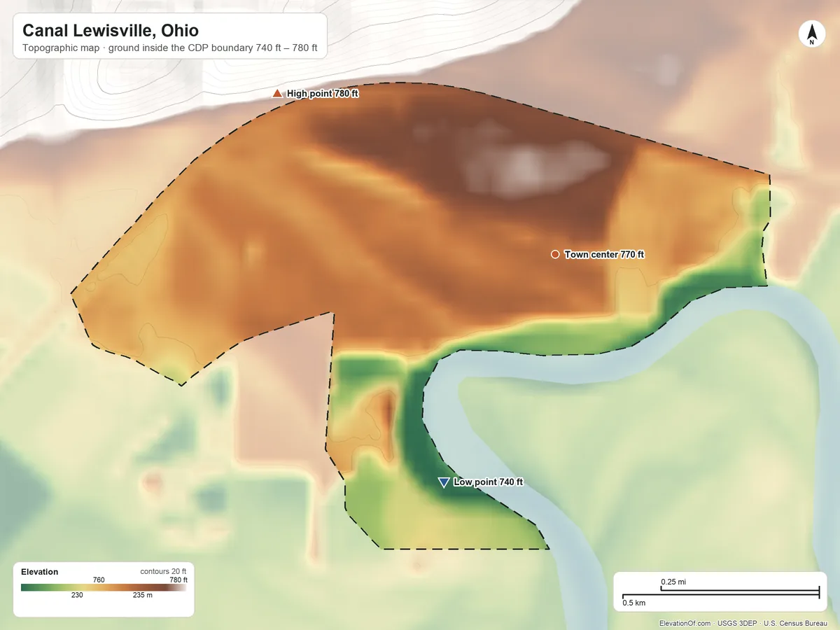 Topographic elevation map of Canal Lewisville, Ohio, shaded from 740 ft on the southwest side to 780 ft on the northwest edge, below higher ground just outside