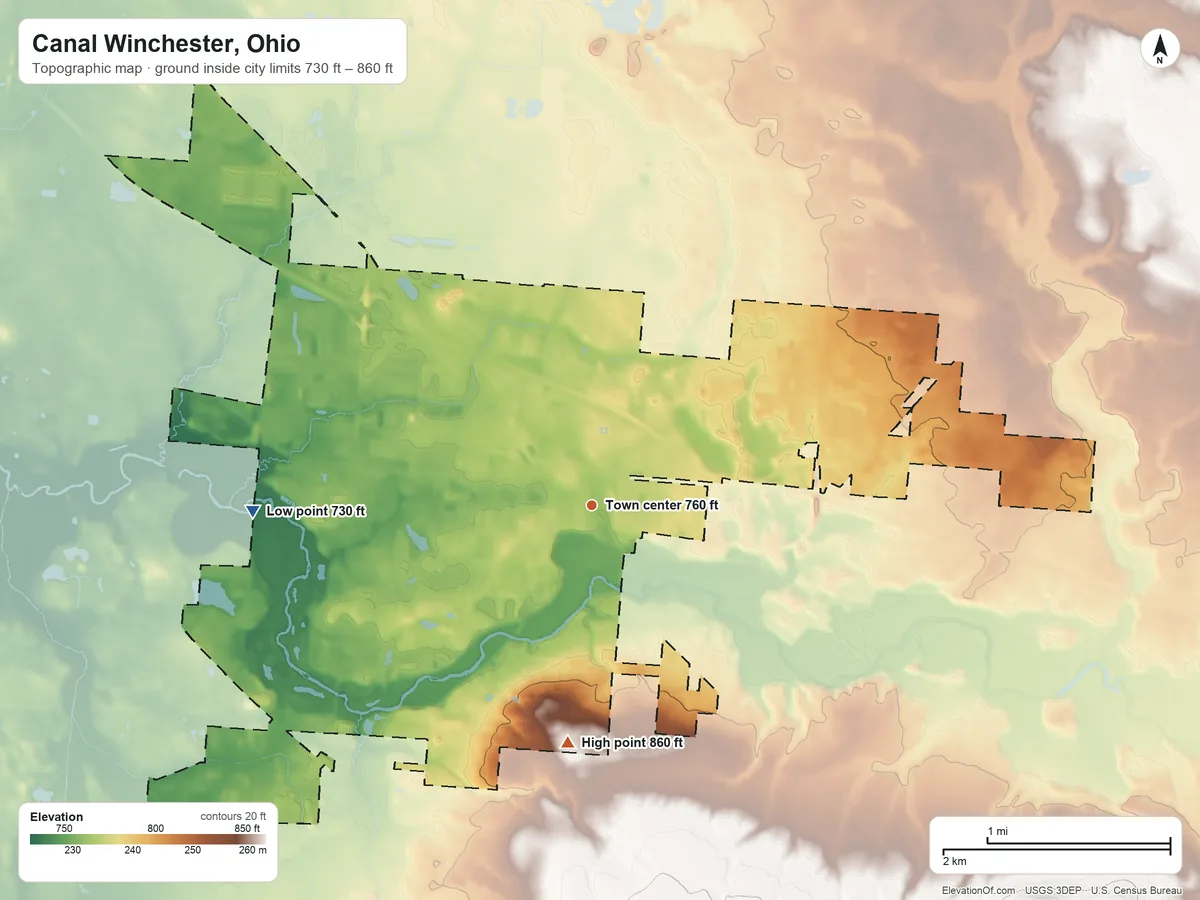 Topographic elevation map of Canal Winchester, Ohio, shaded from 730 ft on the west side to 860 ft on the south side