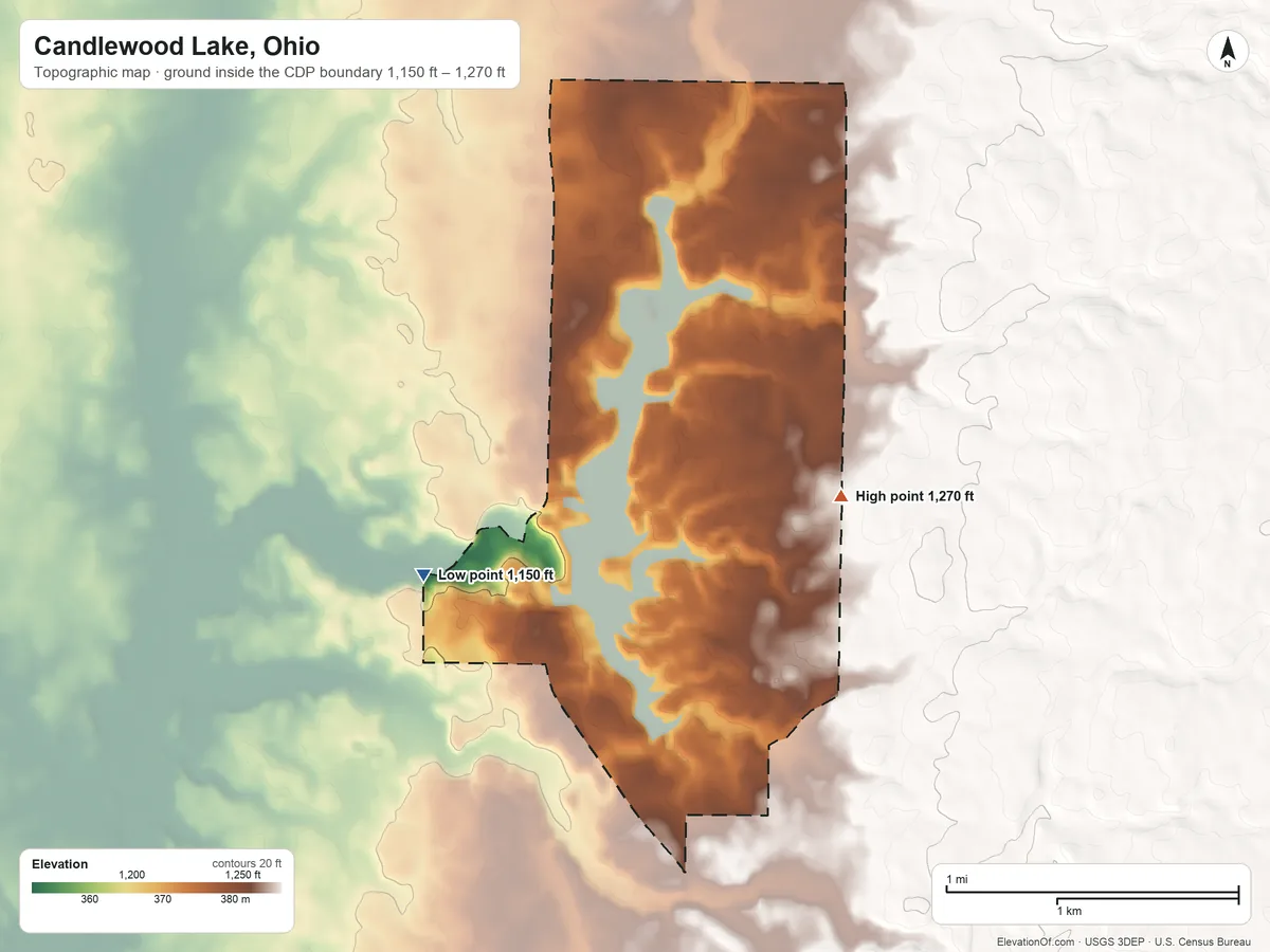 Topographic elevation map of Candlewood Lake, Ohio, shaded from 1,150 ft on the southwest side to 1,270 ft on the southeast side