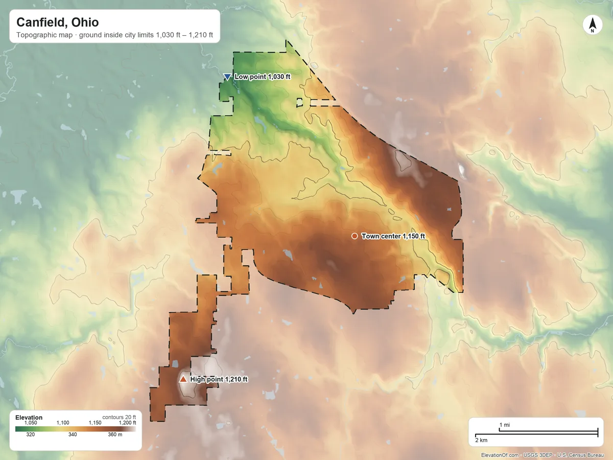 Topographic elevation map of Canfield, Ohio, shaded from 1,030 ft on the northwest side to 1,210 ft on the southwest side