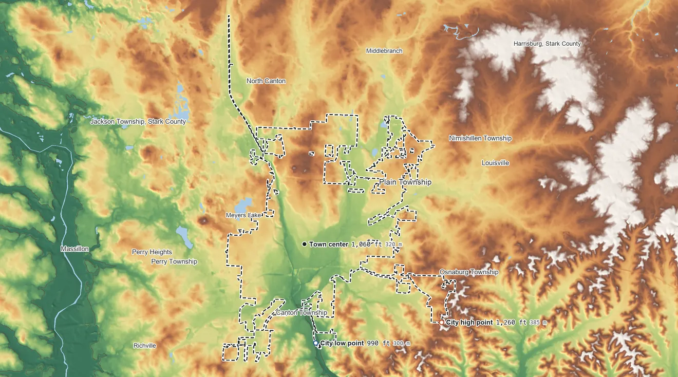 Topographic elevation map of Canton, Ohio, shaded from 990 ft on the south side to 1,260 ft on the southeast side