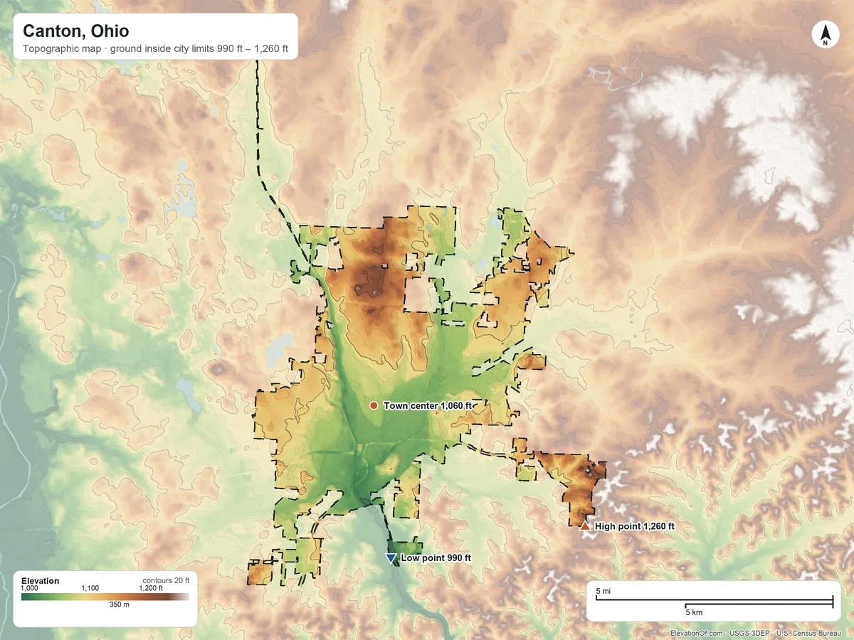 Topographic elevation map of Canton, Ohio, shaded from 990 ft on the south side to 1,260 ft on the southeast side