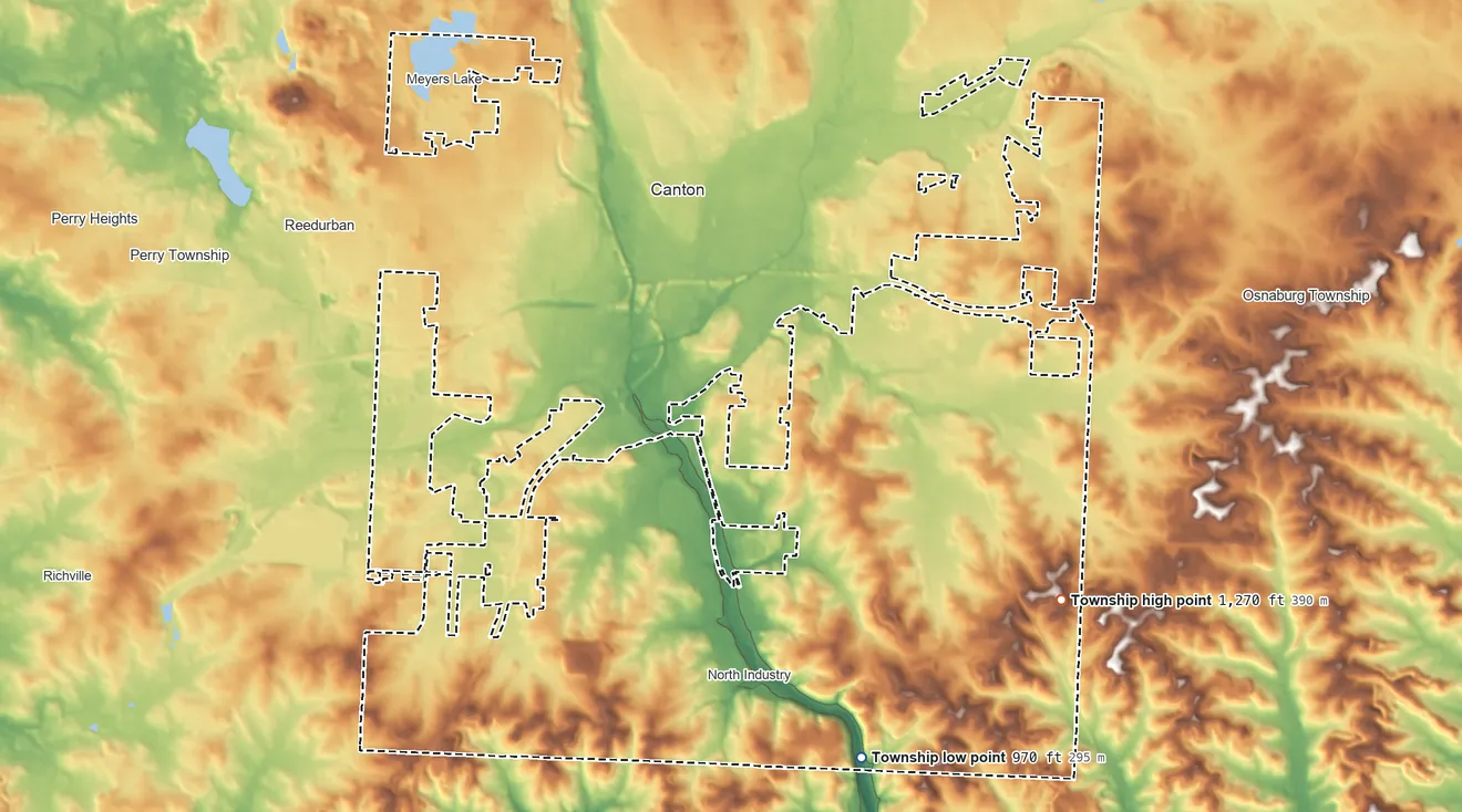 Topographic elevation map of Canton Township, Ohio, shaded from 970 ft on the southeast side to 1,270 ft on Sponsellers Hill