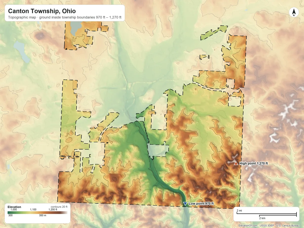 Topographic elevation map of Canton Township, Ohio, shaded from 970 ft on the southeast side to 1,270 ft on Sponsellers Hill