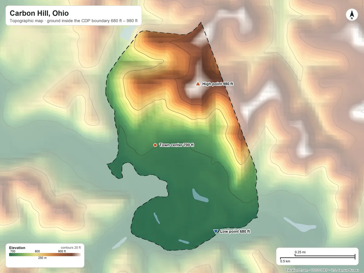Topographic elevation map of Carbon Hill, Ohio, shaded from 680 ft on the southeast side to 980 ft on the northeast side