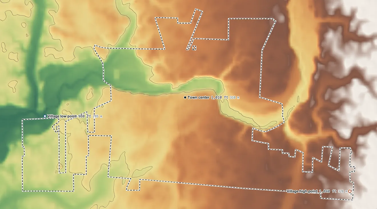 Topographic elevation map of Cardington, Ohio, shaded from 980 ft on the west side to 1,040 ft on the southeast side