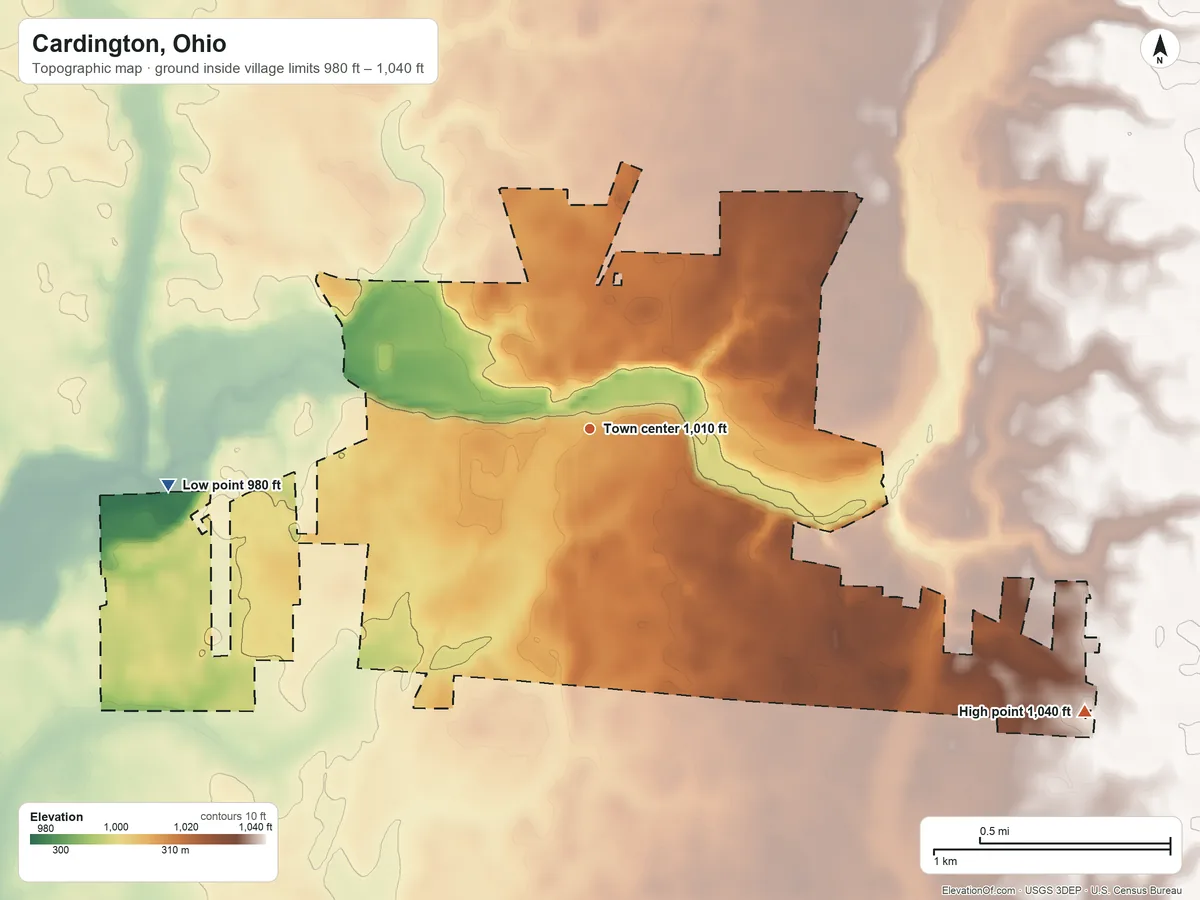 Topographic elevation map of Cardington, Ohio, shaded from 980 ft on the west side to 1,040 ft on the southeast side