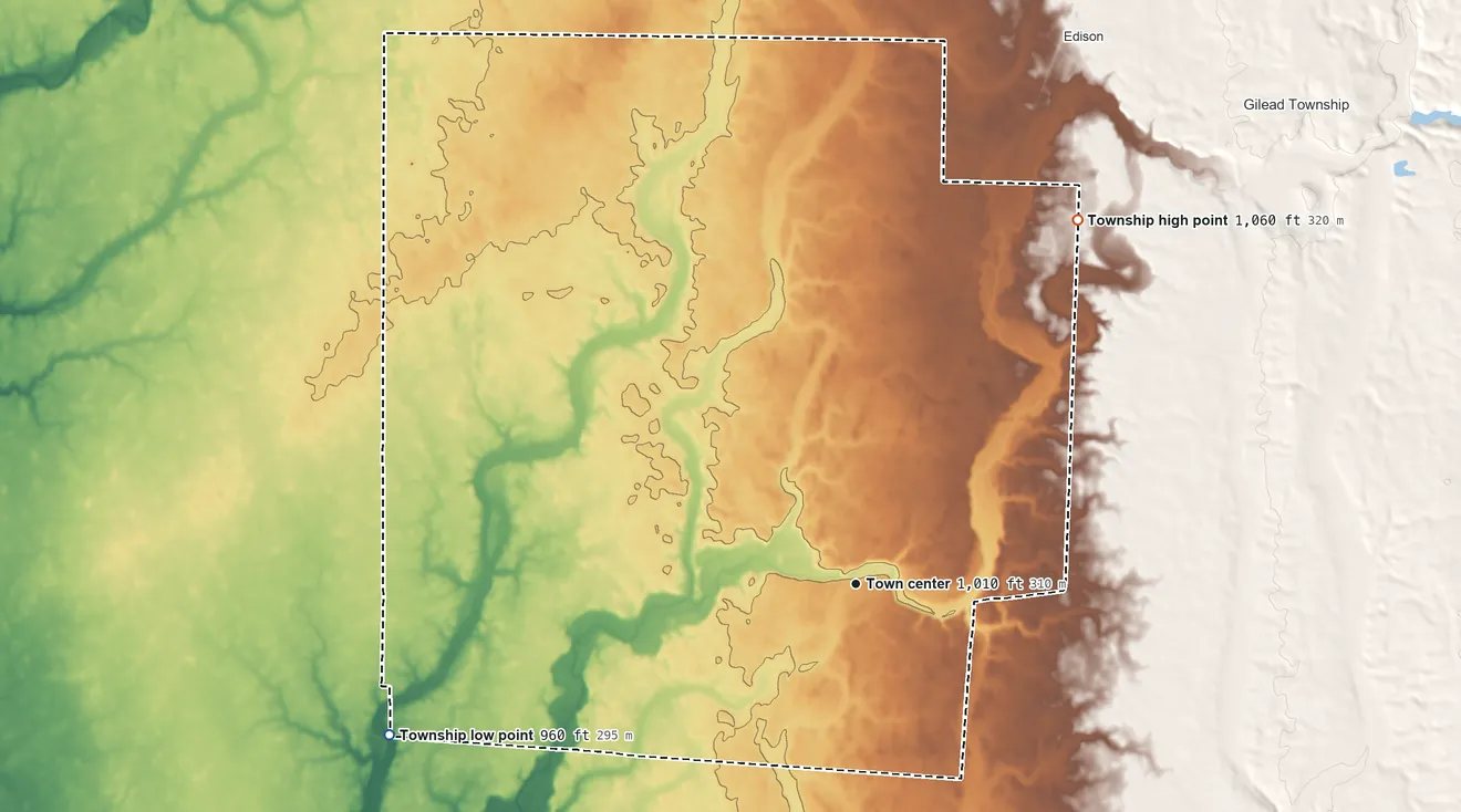 Topographic elevation map of Cardington Township, Ohio, shaded from 960 ft on the west side to 1,060 ft on the northeast side