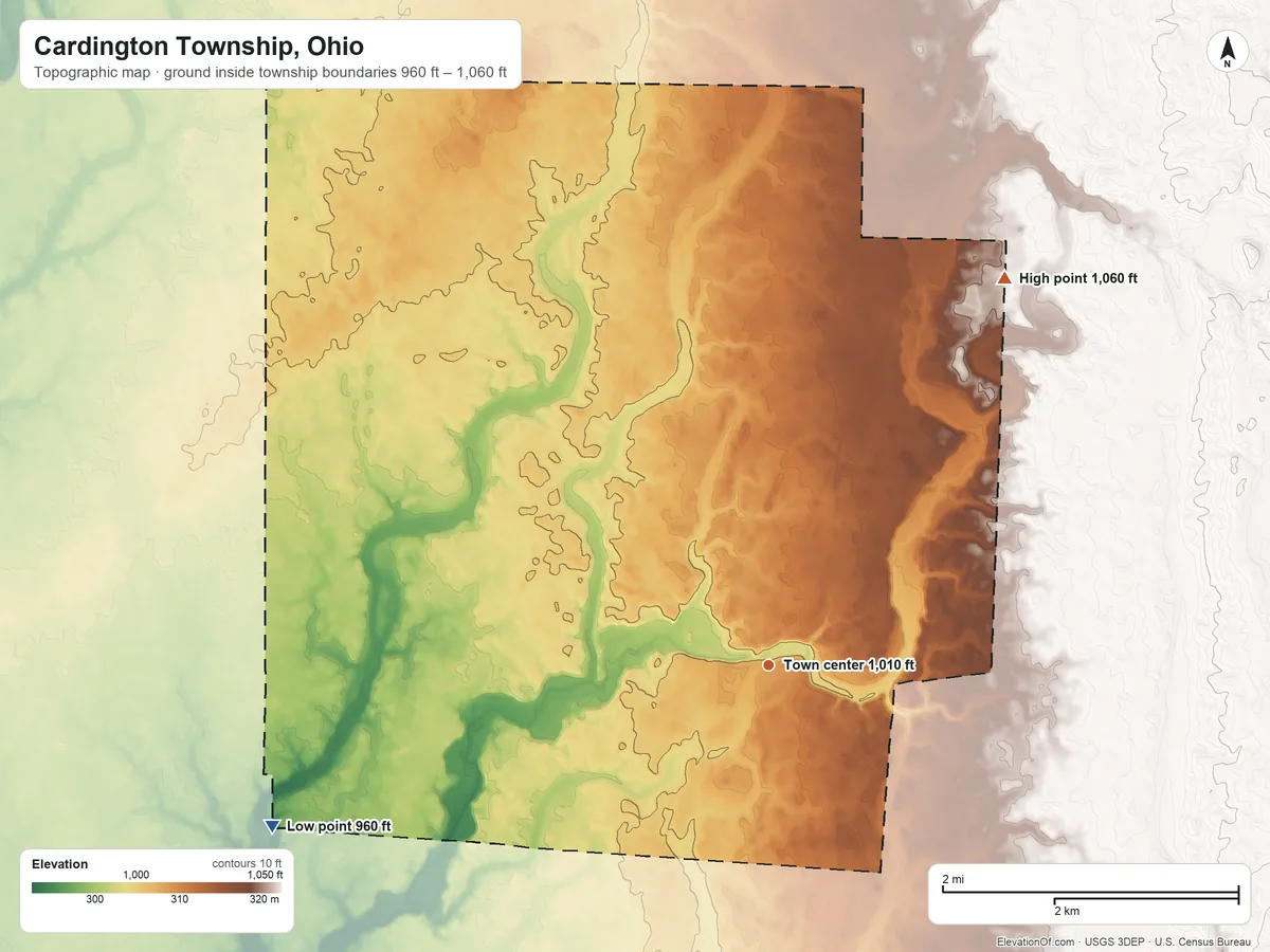 Topographic elevation map of Cardington Township, Ohio, shaded from 960 ft on the west side to 1,060 ft on the northeast side