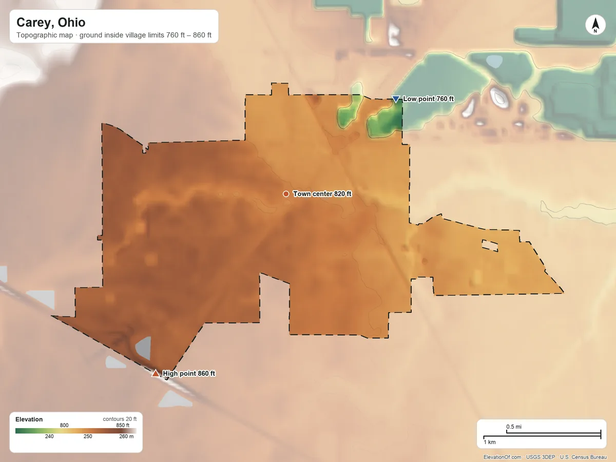 Topographic elevation map of Carey, Ohio, shaded from 760 ft on the northeast side to 860 ft on the southwest side
