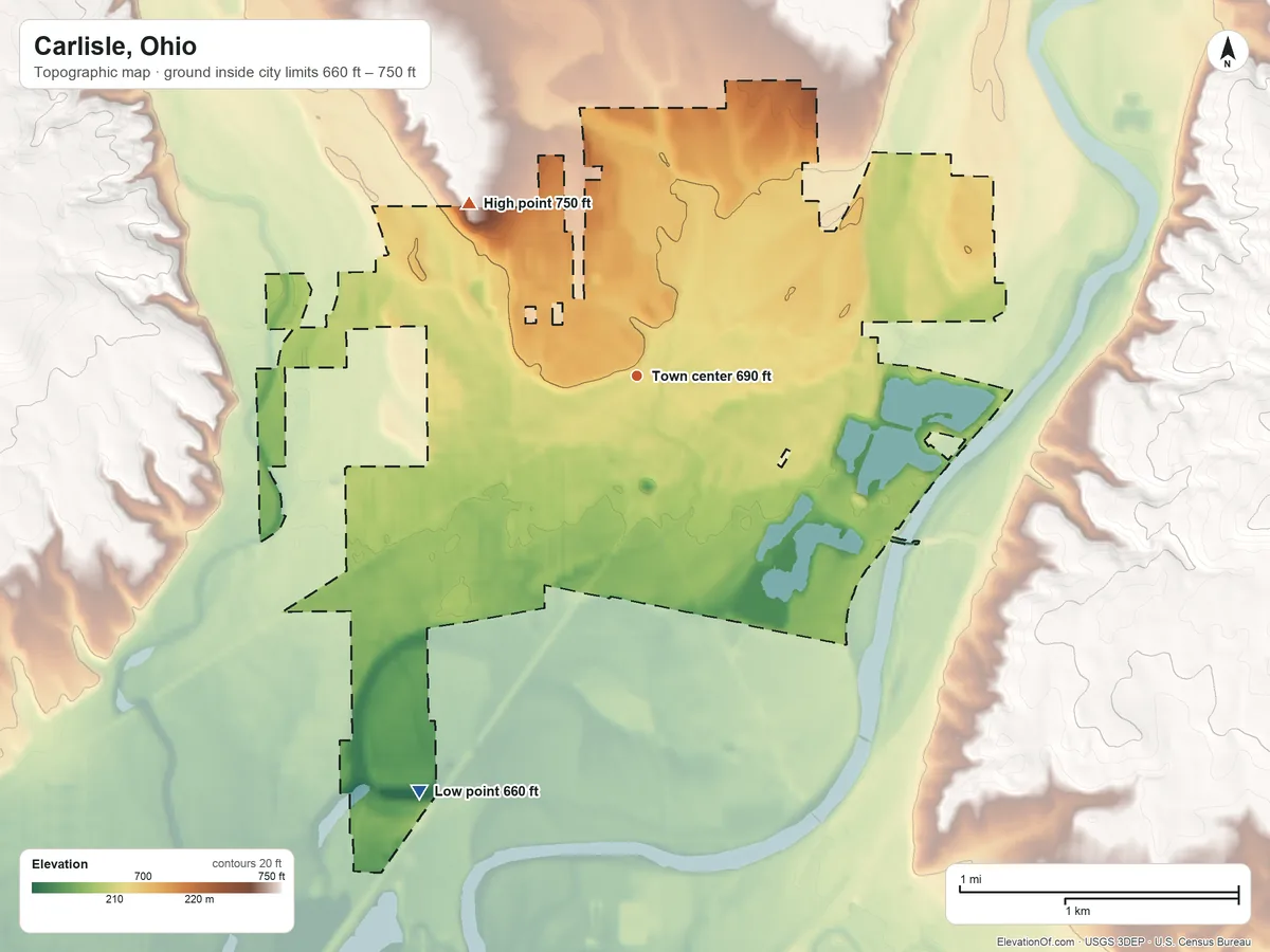 Topographic elevation map of Carlisle, Ohio, shaded from 660 ft on the southwest side to 750 ft on the northwest side