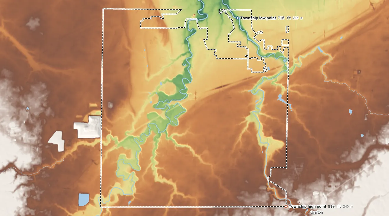 Topographic elevation map of Carlisle Township, Ohio, shaded from 710 ft on the north side to 810 ft on the southeast side