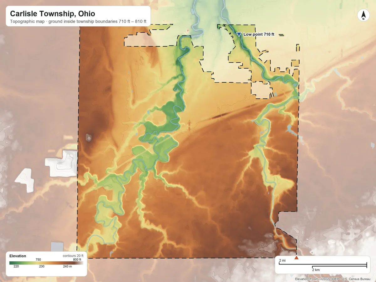 Topographic elevation map of Carlisle Township, Ohio, shaded from 710 ft on the north side to 810 ft on the southeast side