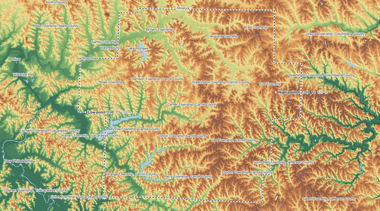 Topographic elevation map of Carroll County, Ohio, shaded from 890 ft on the west side to 1,380 ft on the east side