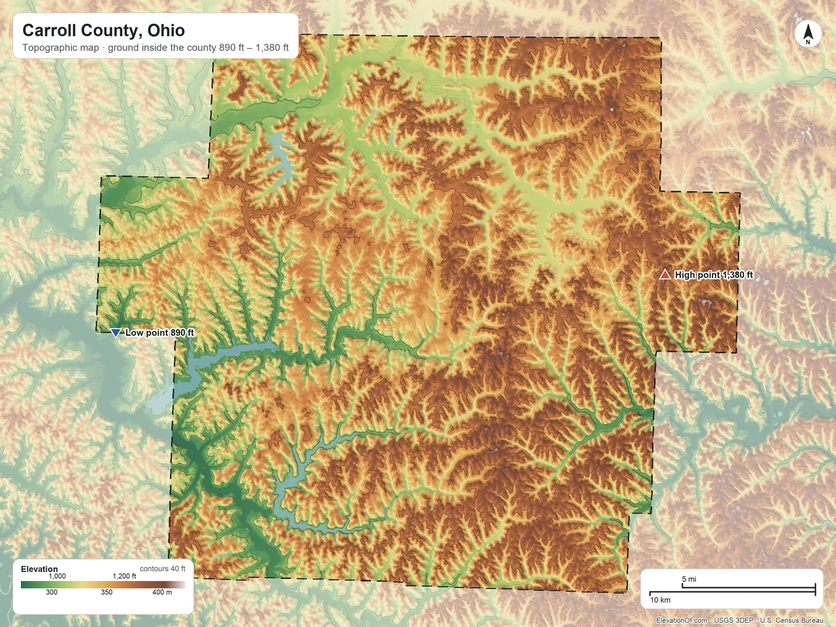 Topographic elevation map of Carroll County, Ohio, shaded from 890 ft on the west side to 1,380 ft on the east side