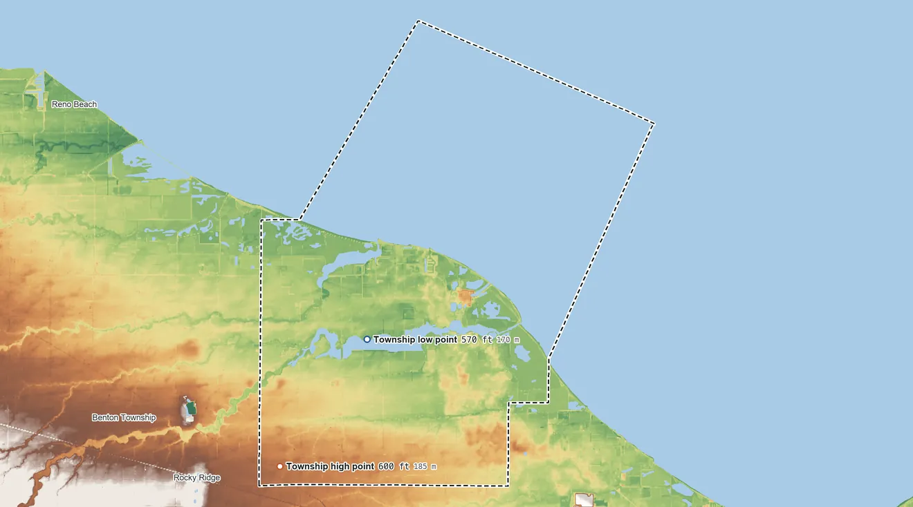 Topographic elevation map of Carroll Township, Ohio, shaded from 570 ft near the middle to 600 ft on the southwest side