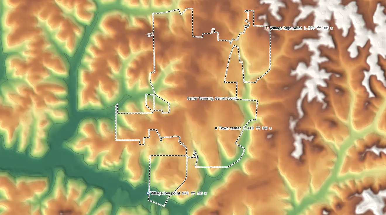 Topographic elevation map of Carrollton, Ohio, shaded from 970 ft on the southwest side to 1,260 ft on the northeast side