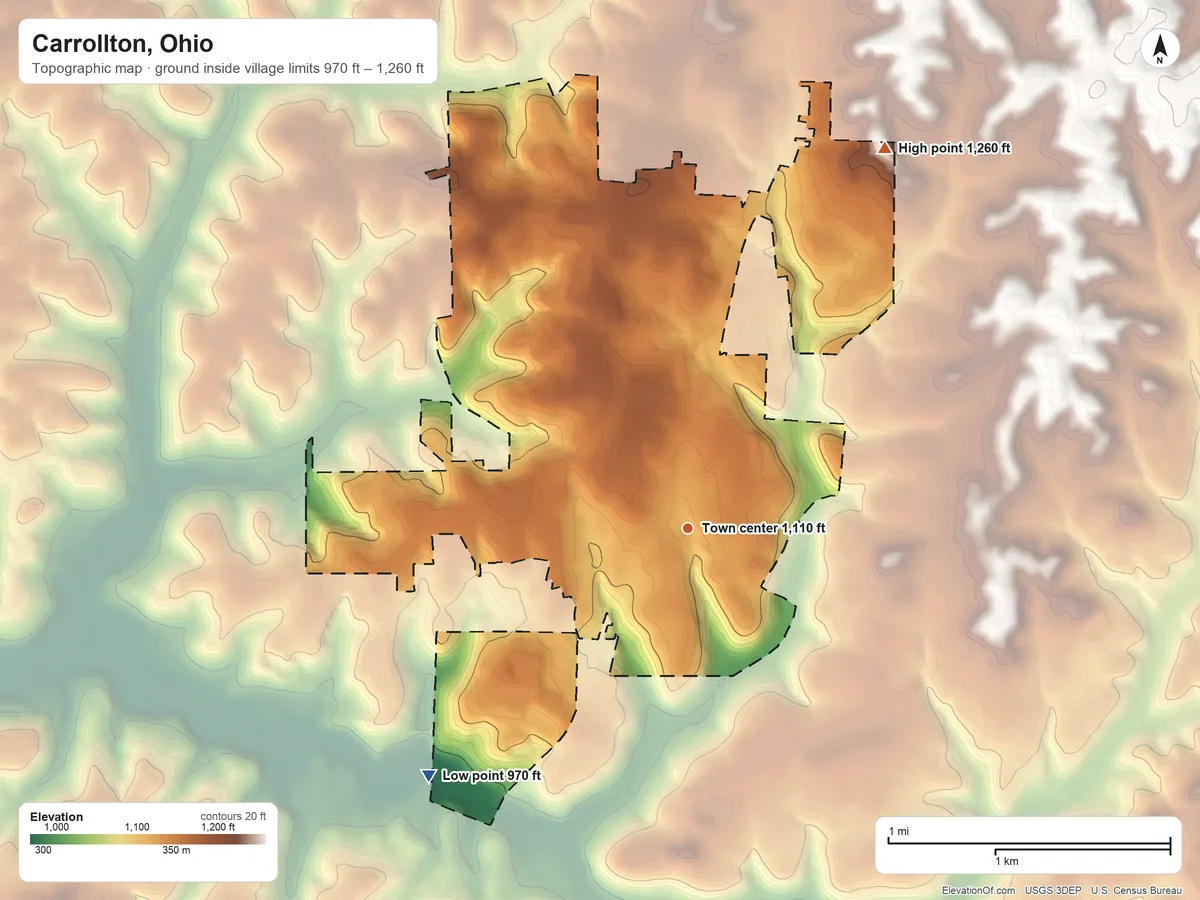 Topographic elevation map of Carrollton, Ohio, shaded from 970 ft on the southwest side to 1,260 ft on the northeast side